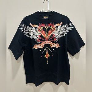 Men’s Graphic T-Shirt with Heart and Wings Design Black size M.